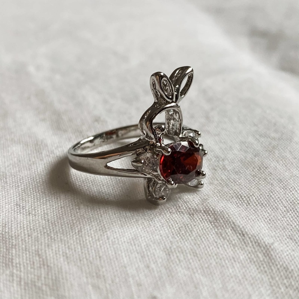 Vtg Silver Bunny Ruby Red Stone Ring - image 3